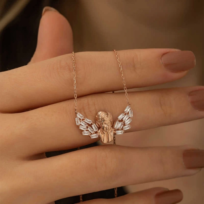 Kadın Gümüş Rose Kanatlı Melek Kolye
