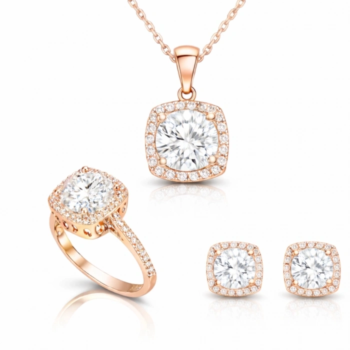 Kadın Gümüş Rose Kare Montür Kadın Set