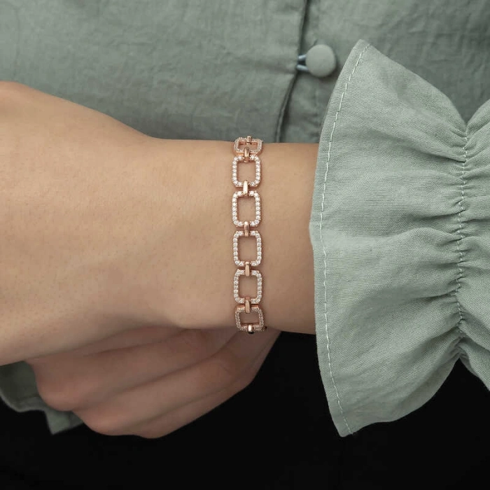 Kadın Gümüş Rose Kare Taşlı Bayan Bileklik
