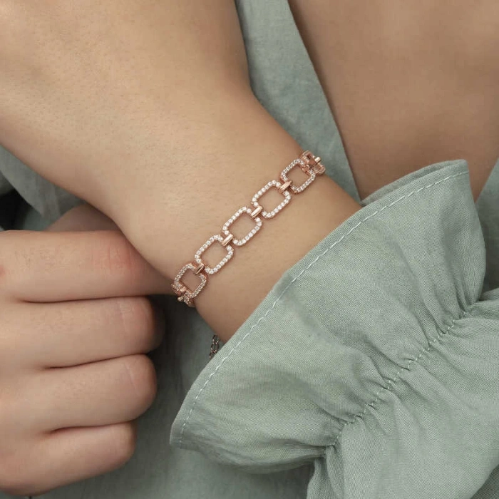 Kadın Gümüş Rose Kare Taşlı Bayan Bileklik