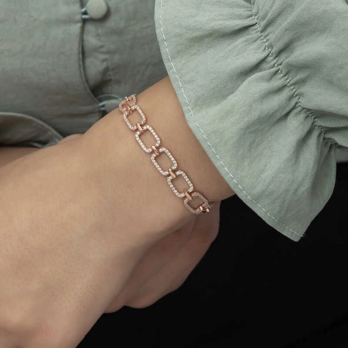 Kadın Gümüş Rose Kare Taşlı Bayan Bileklik