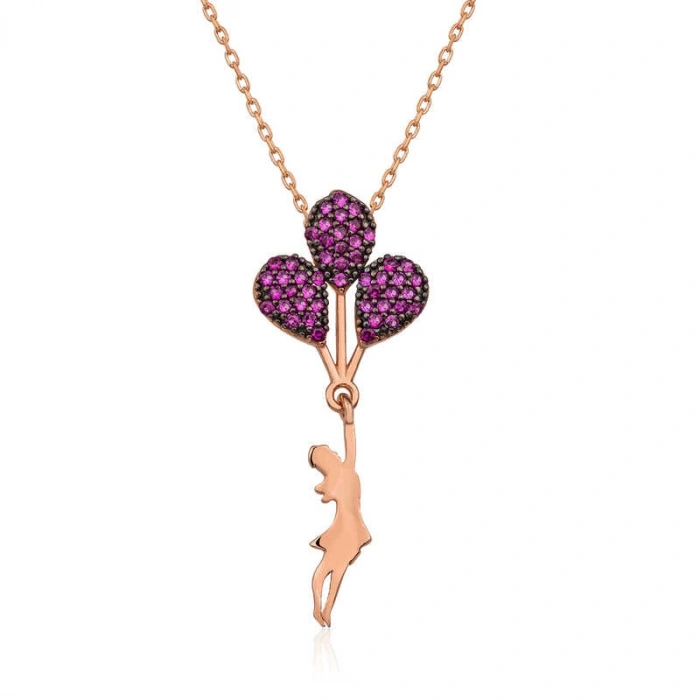 Kadın Gümüş Rose Kırmızı Balonlu Kız Kolye