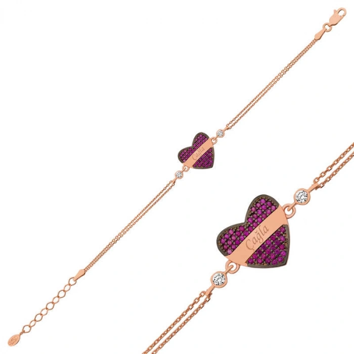 Kadın Gümüş Rose Kırmızı Kalp İsimli Bayan Bileklik