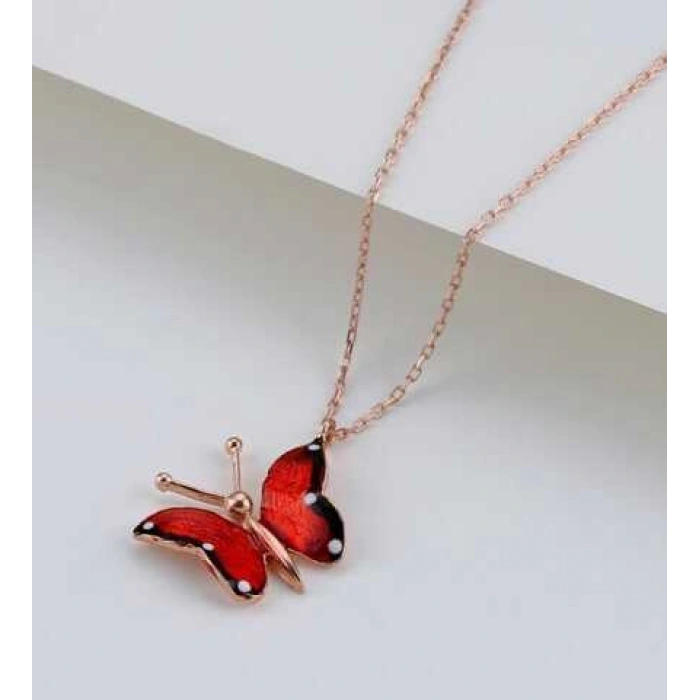 Kadın Gümüş Rose Kırmızı Kelebek Kolye