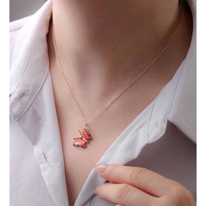 Kadın Gümüş Rose Kırmızı Kelebek Kolye