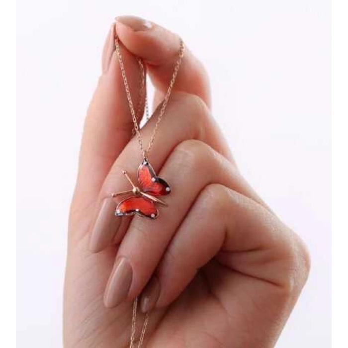 Kadın Gümüş Rose Kırmızı Kelebek Kolye