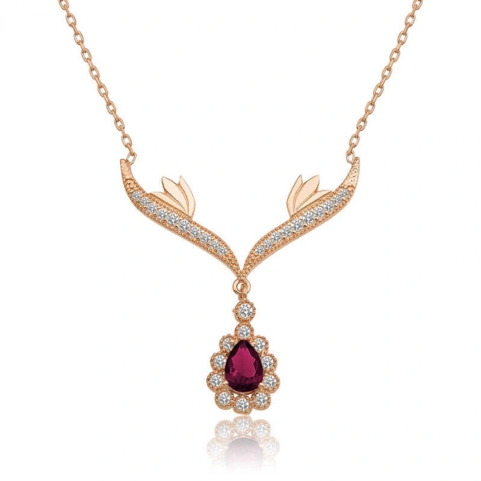 Kadın Gümüş Rose Kırmızı Taşlı Madalyon Bayan Kolye