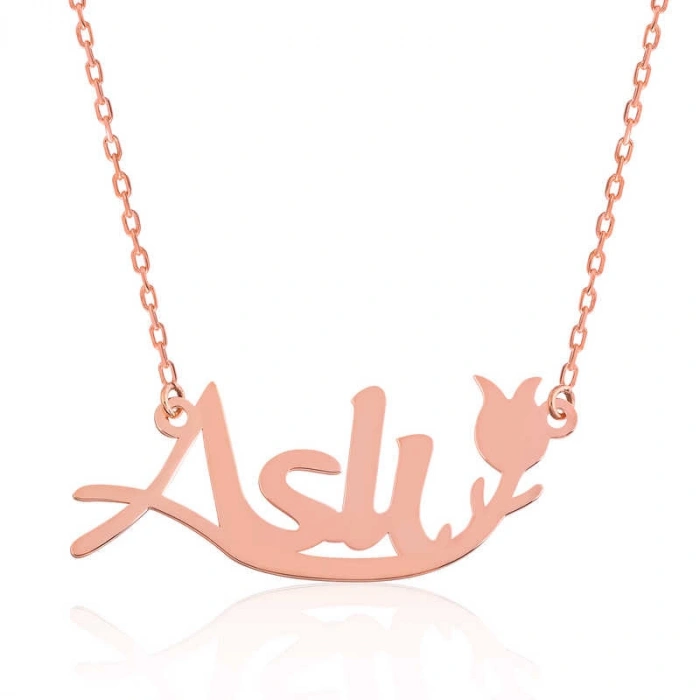 Kadın Gümüş Rose Kişiye Özel Lale Desenli İsimli Bayan Kolye