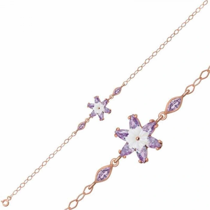 Kadın Gümüş Rose Lila Lotus Çiçeği Bileklik