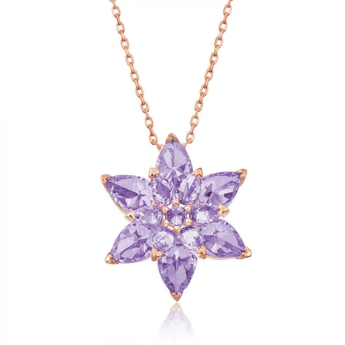 Kadın Gümüş Rose Lila Lotus Çiçeği Kolye