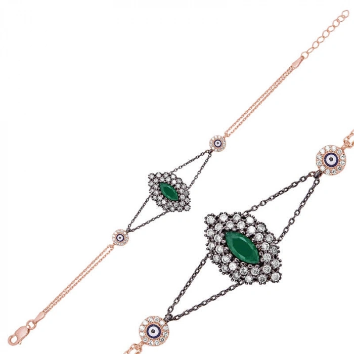 Kadın Gümüş Rose Mat Yeşil Taşlı Otantik Bileklik