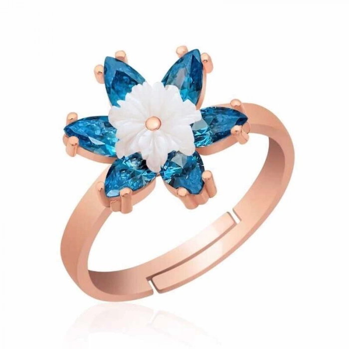 Kadın Gümüş Rose Mavi Lotus Çiçeği Yüzük