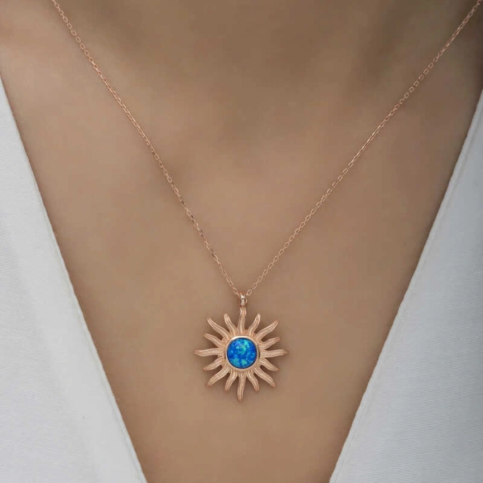 Kadın ​Gümüş Rose Mavi Opal Taşlı Güneş Kadın Kolye