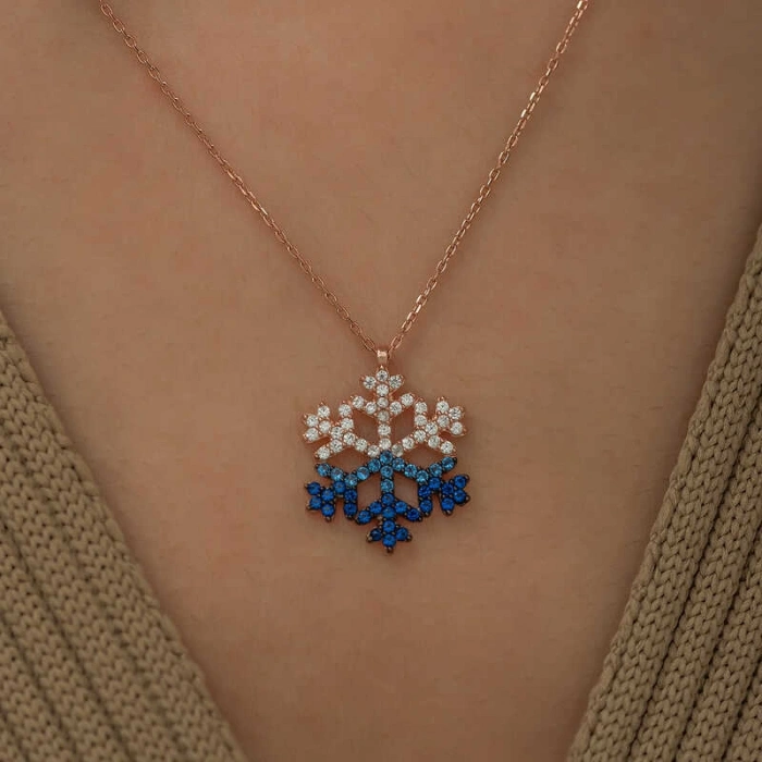 Kadın Gümüş Rose Mavi Taşlı Kar Tanesi Kolye