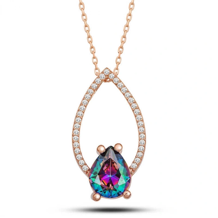 Kadın Gümüş Rose Mistik Topaz Taşlı Damla Kadın Kolye