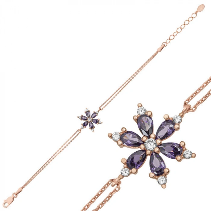 Kadın Gümüş Rose Mor Lotus Çiçeği Kadın Bileklik