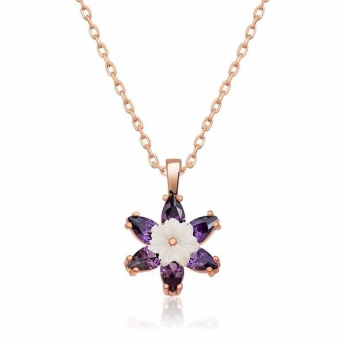Kadın Gümüş Rose Mor Lotus Çiçeği Kolye