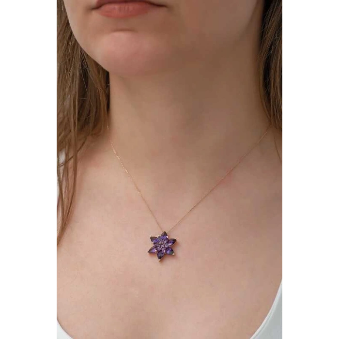 Kadın Gümüş Rose Mor Lotus Çiçeği Kolye