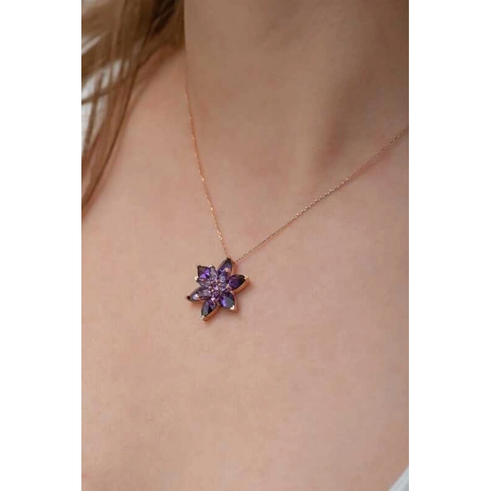 Kadın Gümüş Rose Mor Lotus Çiçeği Kolye