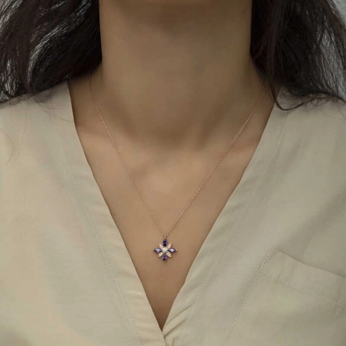 Kadın Gümüş Rose Mor Taşlı Umut Çiçeği Kolye