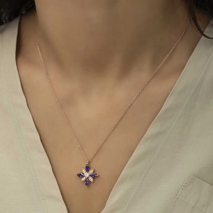 Kadın Gümüş Rose Mor Taşlı Umut Çiçeği Kolye