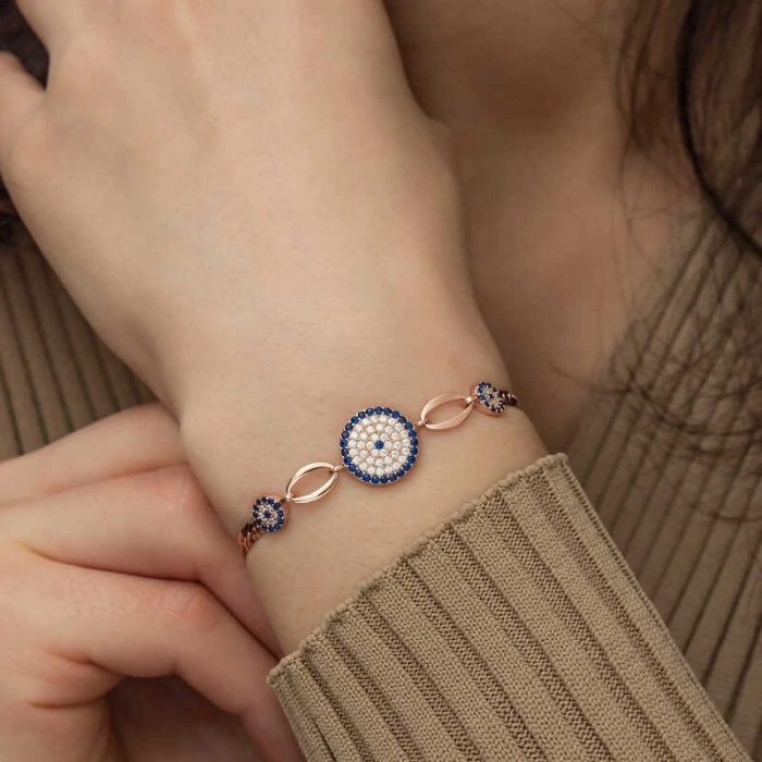 Kadın Gümüş Rose Nazar Boncuklu Bileklik