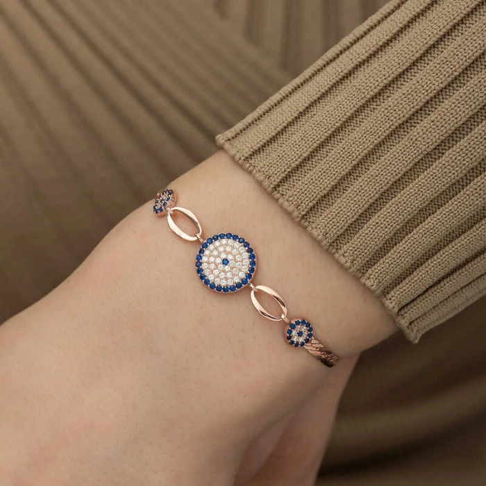 Kadın Gümüş Rose Nazar Boncuklu Bileklik