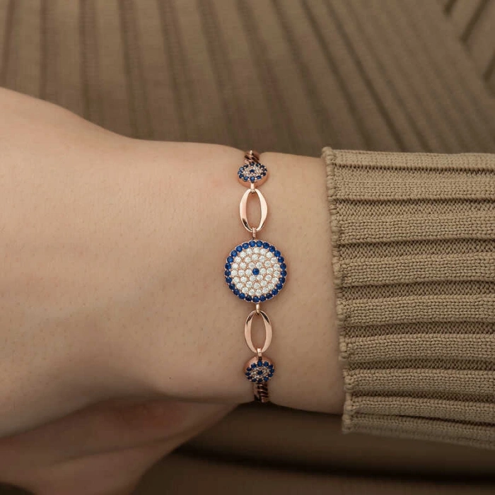 Kadın Gümüş Rose Nazar Boncuklu Bileklik
