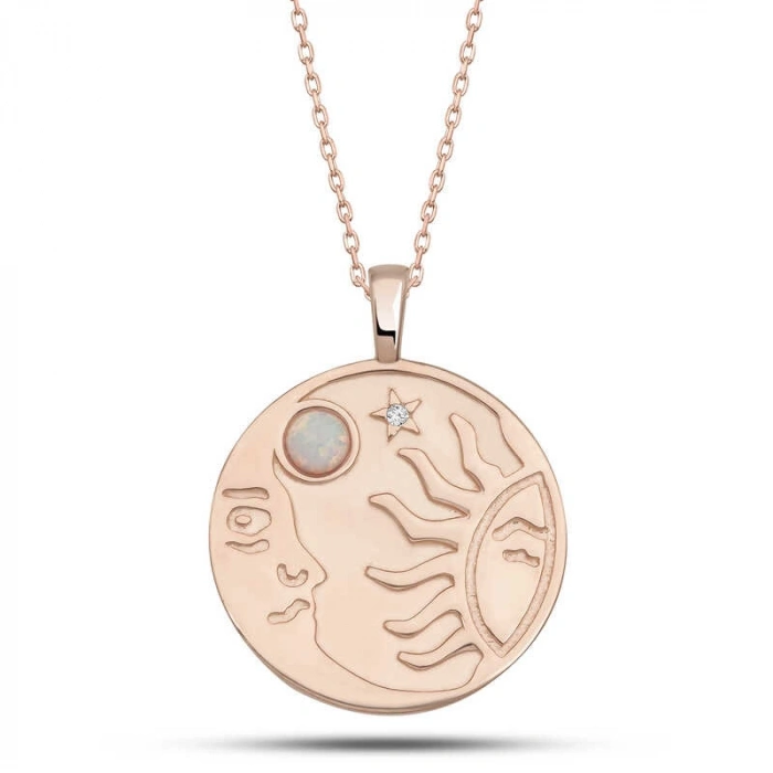 Kadın Gümüş Rose Opal Beyaz Taşlı Ay Güneş Kadın Kolye