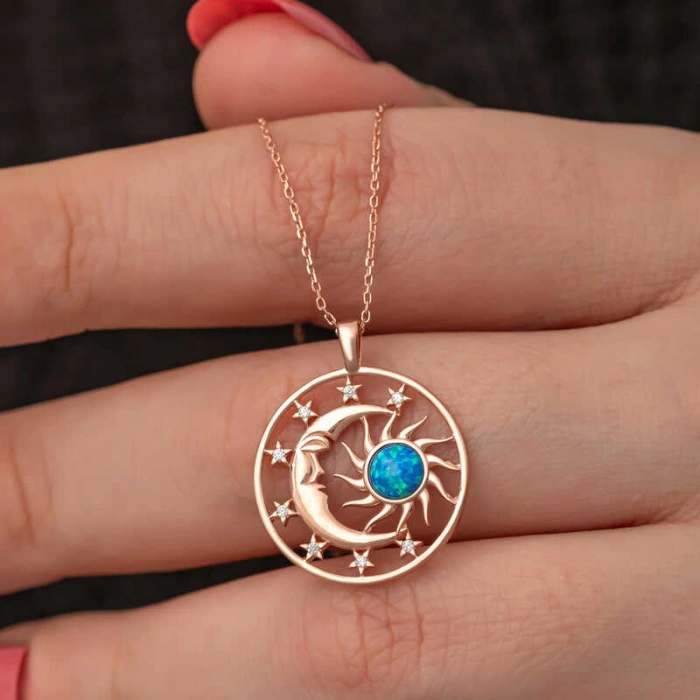 Kadın Gümüş Rose Opal Mavi Taşlı Ay Güneş Kadın Kolye