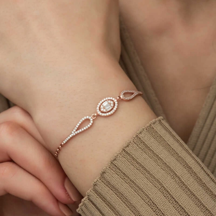 Kadın Gümüş Rose Oval Baget Bileklik