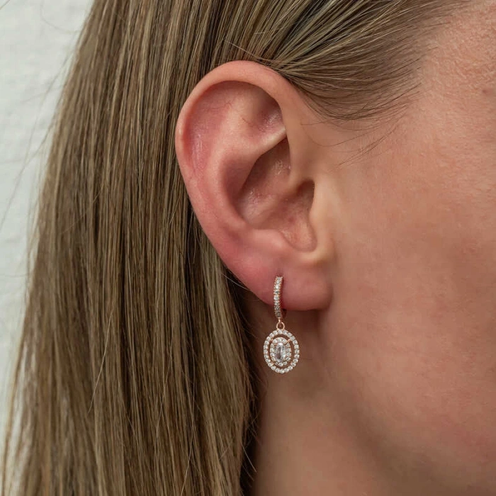 Kadın Gümüş Rose Oval Taşlı Sallantılı Küpe