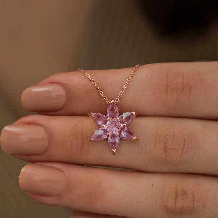 Kadın Gümüş Rose Pembe Çiçek Kolye