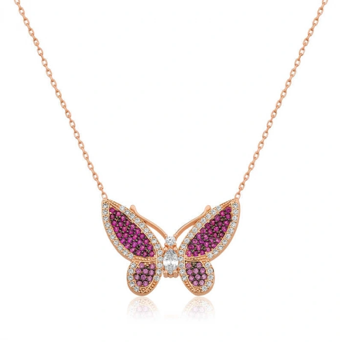 Kadın Gümüş Rose Pembe Kelebek Bayan Kolye