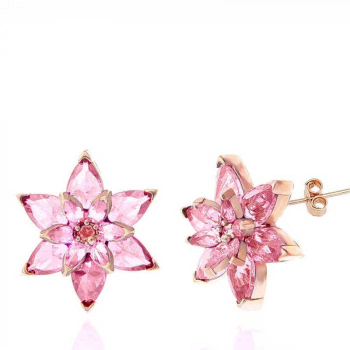 Kadın Gümüş Rose Pembe Lotus Çiçeği Çivili Kadın Küpe