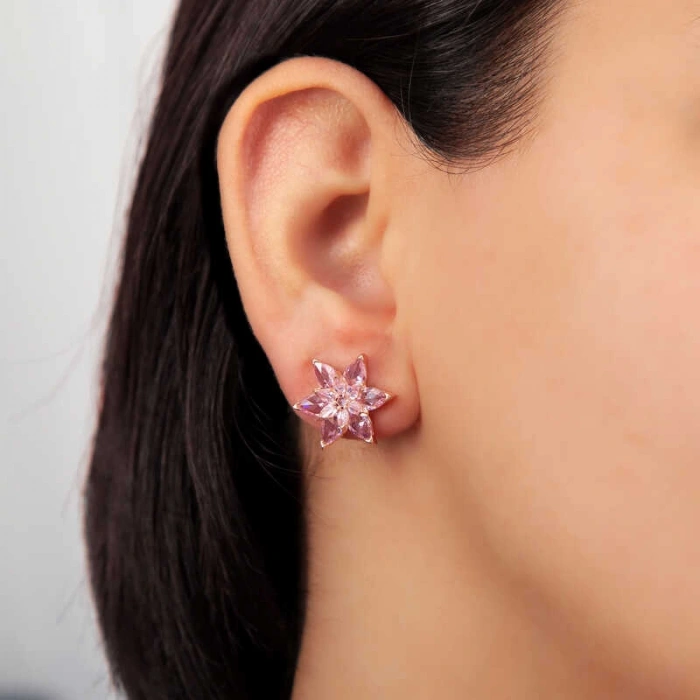 Kadın Gümüş Rose Pembe Lotus Çiçeği Çivili Kadın Küpe