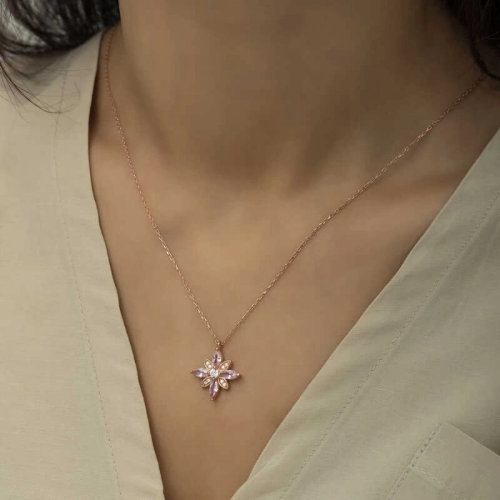 Kadın Gümüş Rose Pembe Taşlı Umut Çiçeği Kolye
