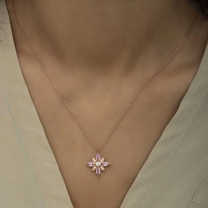 Kadın Gümüş Rose Pembe Taşlı Umut Çiçeği Kolye