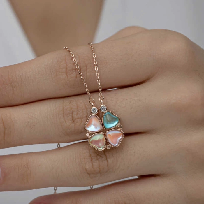 Kadın Gümüş Rose Renkli Açılabilen Yonca Kadın Kolye