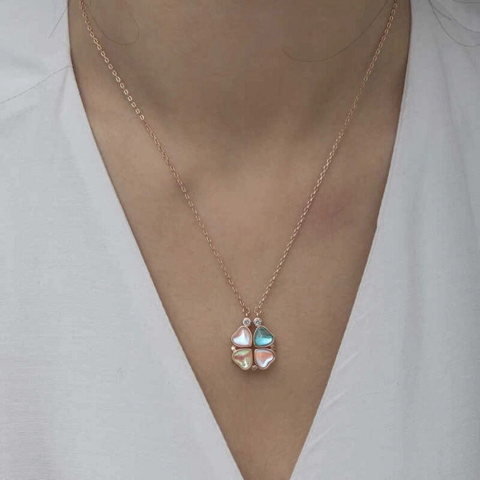 Kadın Gümüş Rose Renkli Açılabilen Yonca Kadın Kolye