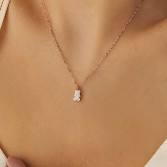 Kadın Gümüş Rose Renkli Ayıcık Kadın Kolye