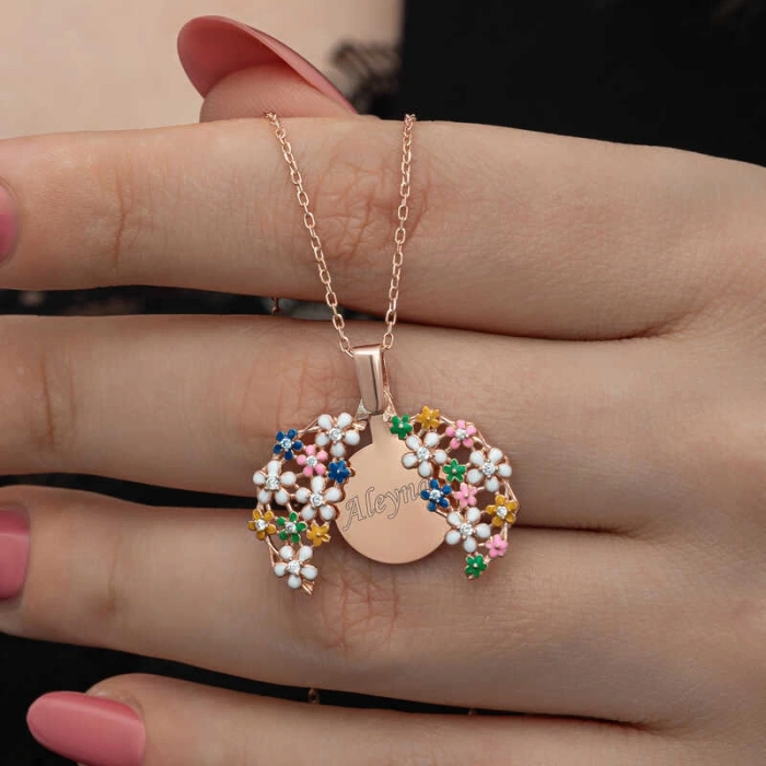 Kadın Gümüş Rose Renkli Çiçek Kişiye Özel Kadın Kolye