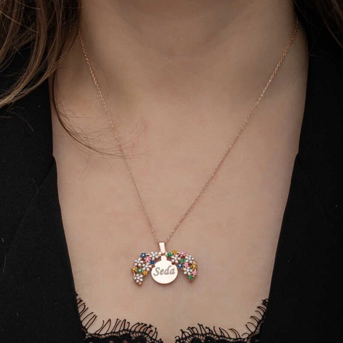 Kadın Gümüş Rose Renkli Çiçek Kişiye Özel Kadın Kolye