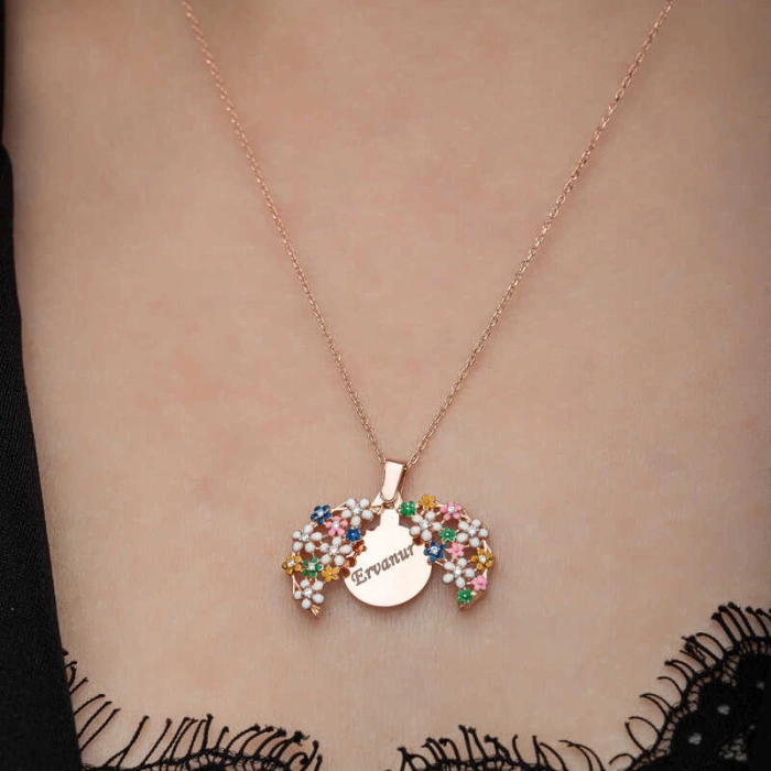 Kadın Gümüş Rose Renkli Çiçek Kişiye Özel Kadın Kolye