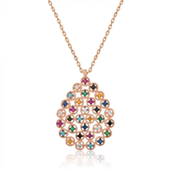 Kadın Gümüş Rose Renkli Taşlı Damla Kolye