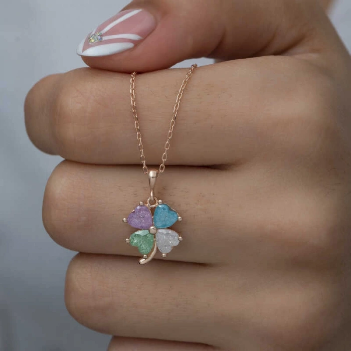 Kadın Gümüş Rose Renkli Taşlı Kalp Yonca Kadın Kolye