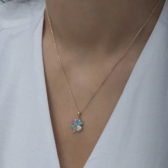 Kadın Gümüş Rose Renkli Taşlı Kalp Yonca Kadın Kolye