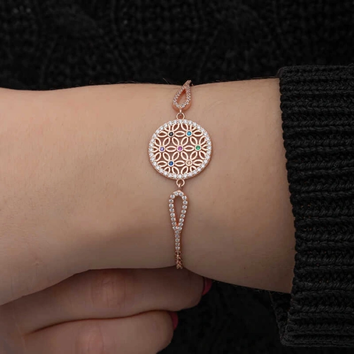 Kadın ​Gümüş Rose Renkli Yaşam Çiçeği Kadın Bileklik