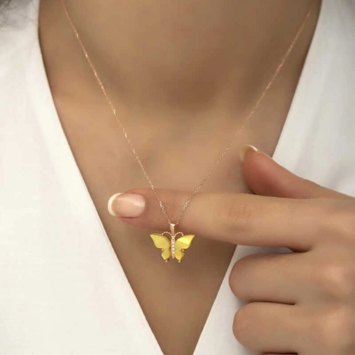 Kadın Gümüş Rose Sarı Kaplangözü Taşlı Kelebek Kolye