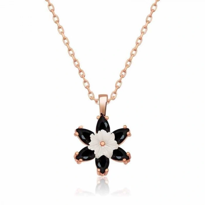 Kadın Gümüş Rose Siyah Lotus Çiçeği Kolye